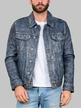 Load image into Gallery viewer, Men Distressed Blue Leather Trucker Jacket
