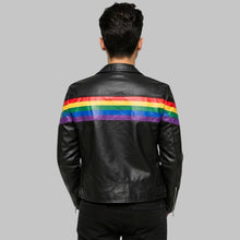 Load image into Gallery viewer, Back View of Men Rainbow Stripe Black Leather Biker Jacket
