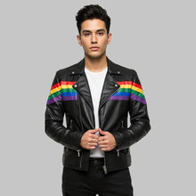Load image into Gallery viewer, Front View of Men Rainbow Stripe Black Leather Biker Jacket
