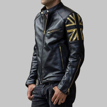 Load image into Gallery viewer, Men UK Flag Black Cafe Racer Leather Jacket
