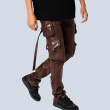 Load image into Gallery viewer, Men’s Brown Leather Cargo Pants - Genuine Streetwear Trousers
