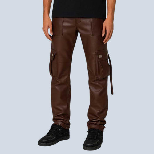Men’s Brown Leather Cargo Pants - Genuine Streetwear Trousers