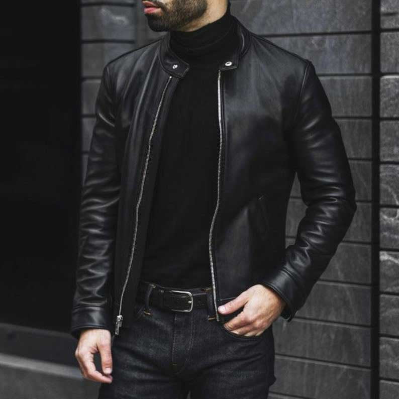 Men’s Handmade Black Lambskin Racer Leather Jacket