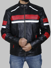 Load image into Gallery viewer, Men's Black Cafe Racer Leather Jacket with Red and White Stripes

