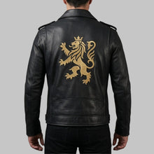 Load image into Gallery viewer, Men's Black Lion Embroidered Leather Biker Jacket
