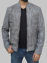 Load image into Gallery viewer, Men's Distressed Grey Leather Bomber Jacket

