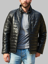Load image into Gallery viewer, Men's Stylish Black Sheepskin Leather Puffer Jacket
