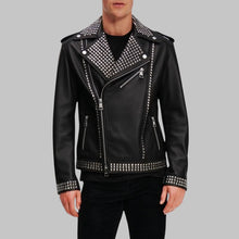 Load image into Gallery viewer, Men’s Stylish Black Studded Leather Biker Jacket

