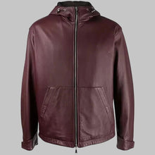 Load image into Gallery viewer, Men’s Stylish Maroon Hooded Leather Jacket
