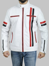Load image into Gallery viewer, Men's White Cafe Racer Jacket with Red and Black Stripes
