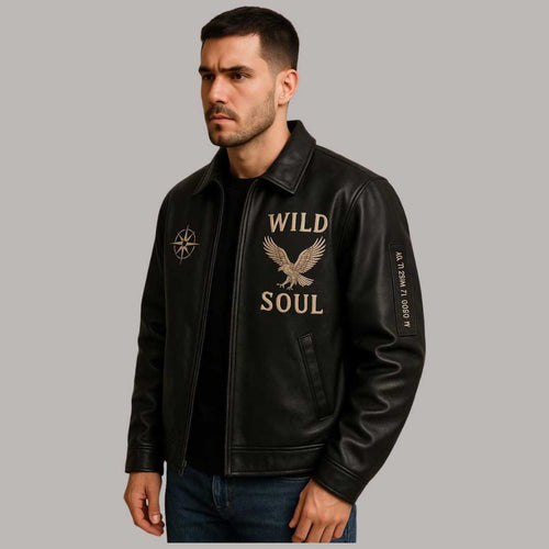 Minimal Leather Patch Jacket with Embroidery