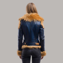 Load image into Gallery viewer, Navy Blue Leather Biker Jacket with Tan Fur Collar and Trim
