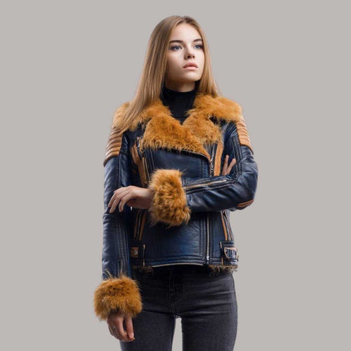 Navy Blue Leather Biker Jacket with Tan Fur Collar and Trim