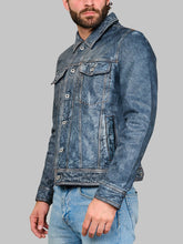Load image into Gallery viewer, Men Distressed Blue Leather Trucker Jacket
