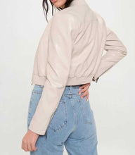 Load image into Gallery viewer, Off White Cropped Lambskin Leather Biker Moto Jacket for Women
