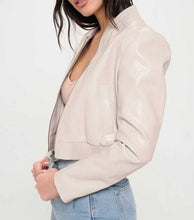 Load image into Gallery viewer, Off White Cropped Lambskin Leather Biker Moto Jacket for Women
