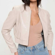 Load image into Gallery viewer, Off White Cropped Lambskin Leather Biker Moto Jacket for Women
