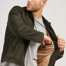 Load image into Gallery viewer, Olive Green Cafe Racer Suede Jacket for Men
