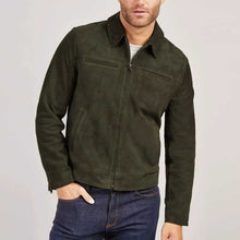 Load image into Gallery viewer, Olive Green Cafe Racer Suede Jacket for Men
