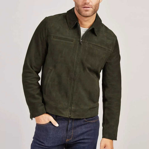 Olive Green Cafe Racer Suede Jacket for Men