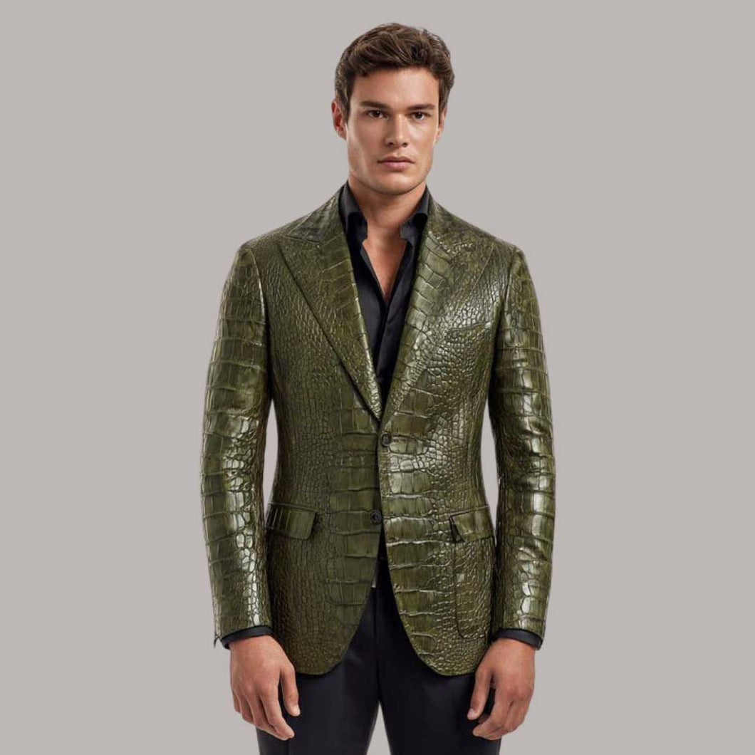 Olive Green Crocodile Embossed Leather Blazer for Men