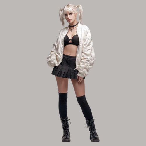 Oversized White Satin Bomber Jacket Y2K Streetwear Coat