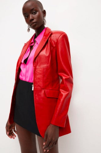 Red Leather Blazer for Women with Zipper Closure
