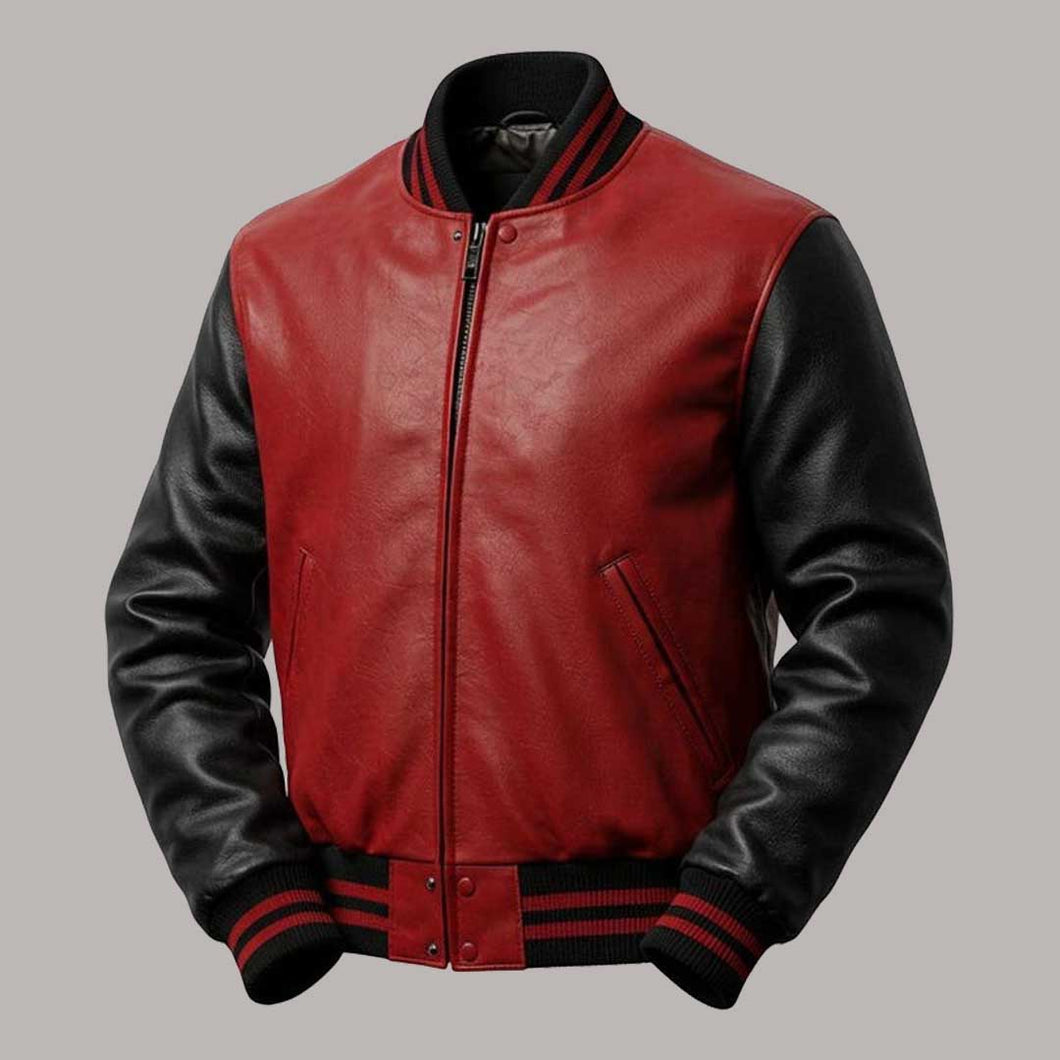 Premium Red and Black Leather Varsity Bomber Jacket