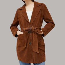 Load image into Gallery viewer, Rust Suede Leather Trench Coat for Women in Notched Lapel
