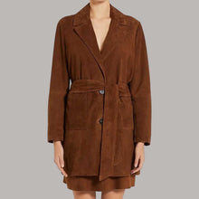 Load image into Gallery viewer, Rust Suede Leather Trench Coat for Women in Notched Lapel
