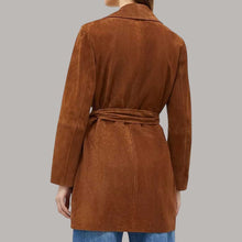 Load image into Gallery viewer, Rust Suede Leather Trench Coat for Women in Notched Lapel
