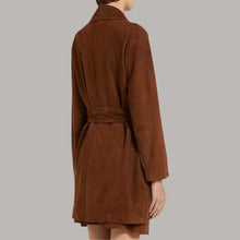 Load image into Gallery viewer, Rust Suede Leather Trench Coat for Women in Notched Lapel
