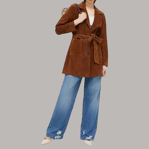 Rust Suede Leather Trench Coat for Women in Notched Lapel