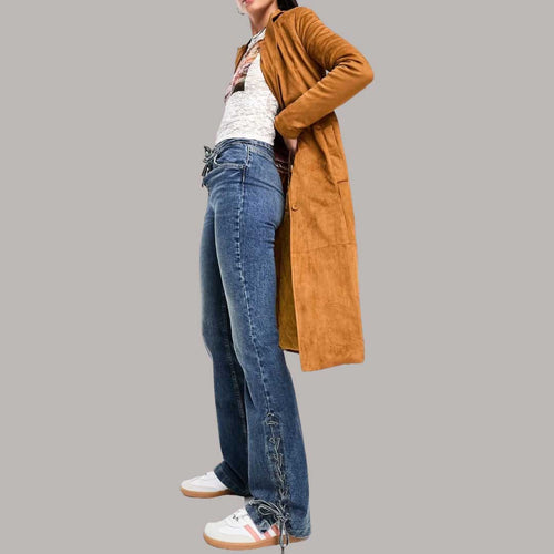 Rust Suede Leather Trench Coat for Women with Notch Collar