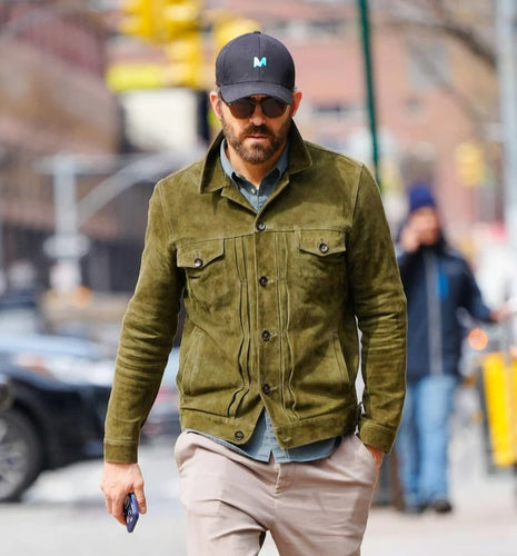 Ryan Reynolds Green Suede Leather Trucker Jacket