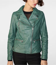 Load image into Gallery viewer, Sea Green Womens Distressed Leather Biker Jacket
