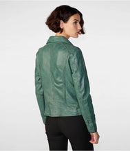 Load image into Gallery viewer, Sea Green Womens Distressed Leather Biker Jacket
