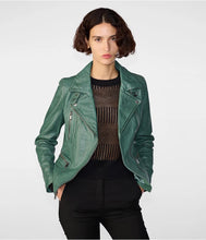 Load image into Gallery viewer, Sea Green Womens Distressed Leather Biker Jacket
