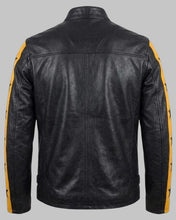 Load image into Gallery viewer, Men Black Leather Cafe Racer Jacket with Yellow Stripes and Star Sleeves

