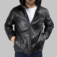 Load image into Gallery viewer, Men Classic Black Hooded Leather Jacket
