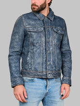 Load image into Gallery viewer, Men Distressed Blue Leather Trucker Jacket
