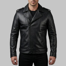 Load image into Gallery viewer, Men Samurai Embroidered Black Leather Biker Jacket
