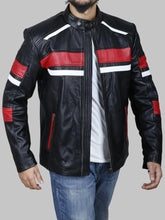 Load image into Gallery viewer, Men's Black Cafe Racer Leather Jacket with Red and White Stripes
