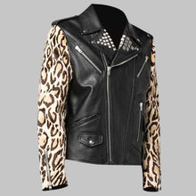 Load image into Gallery viewer, Men’s Black Studded Leather Biker Jacket with Printed Leopard Sleeves
