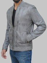 Load image into Gallery viewer, Men's Distressed Grey Leather Bomber Jacket

