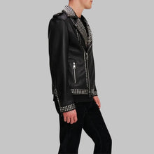 Load image into Gallery viewer, Men’s Stylish Black Studded Leather Biker Jacket
