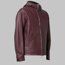 Load image into Gallery viewer, Men’s Stylish Maroon Hooded Leather Jacket
