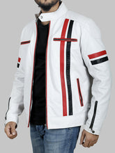 Load image into Gallery viewer, Men's White Cafe Racer Jacket with Red and Black Stripes
