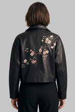 Load image into Gallery viewer, Women Flower Embroidered Black Leather Biker Jacket
