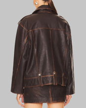 Load image into Gallery viewer, Women Trendy Distressed Brown Oversized Leather Jacket
